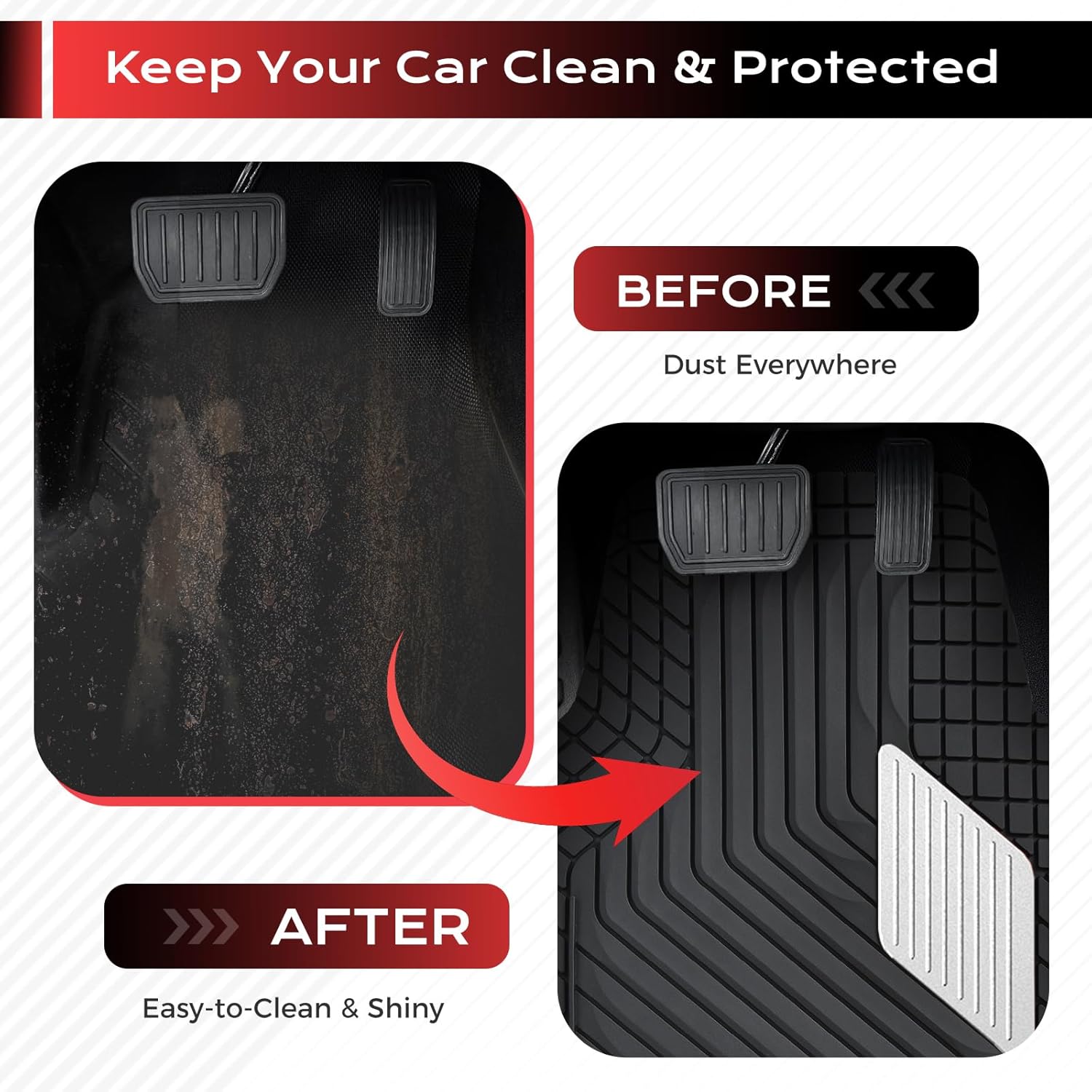 Coverado Car Floor Mats Full Set – Heavy-Duty PVC Floor Mats with Silver Metallic Heel Pad, All-Weather Protection for Front & Rear, Non-Slip Backing, Easy-Clean Interior Liners
