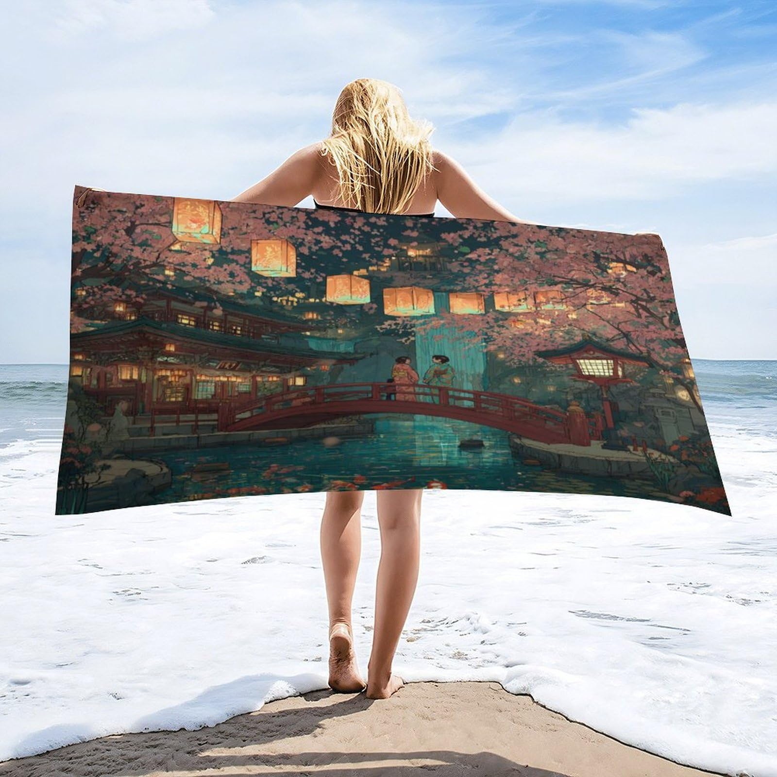 Luyysky Classic Abstract Japanese Geisha Quick-Drying Beach Towel, Retro Oil Painting Plant Cherry Blossoms Animal Fish Travel Vacation Single Sided Pile Bathroom Towels-80 W Cm X 160" L Cm