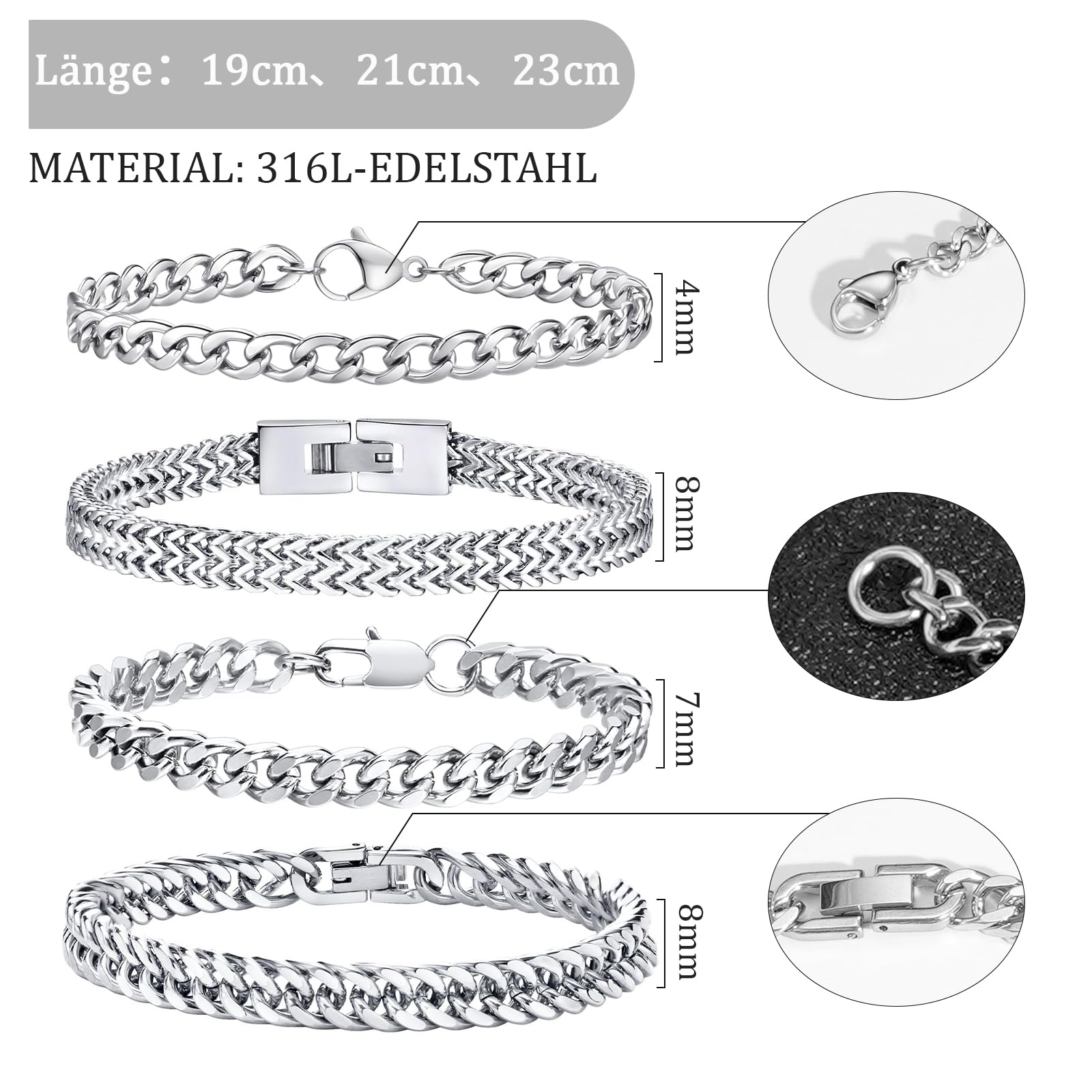 Esmoly 4 Pezzi Bracciale Uomo Argento Oro Nero Braccialetto Uomo 316L Acciaio Inossidabile Catena Cubana Regalo Uomo Ragazzo 19CM/21CM/23CM