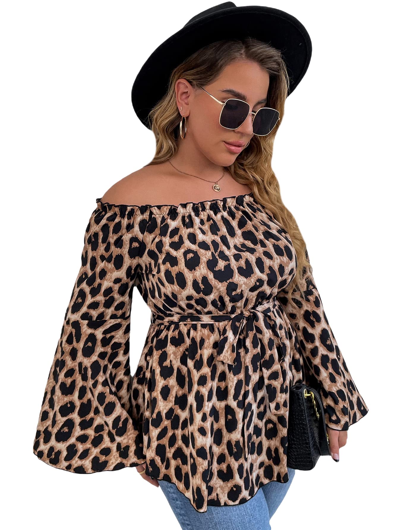 Floerns Women's Plus Size Off Shoulder Long Bell Sleeve Peplum Blouse Top