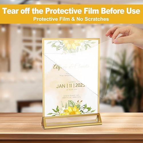 Miniatura 2 de EHWINE Paquete de 12 soportes acrílicos de 4 x 6 pulgadas, marco de fotos dorado de doble cara, soporte para letreros de mesa, soporte transparente