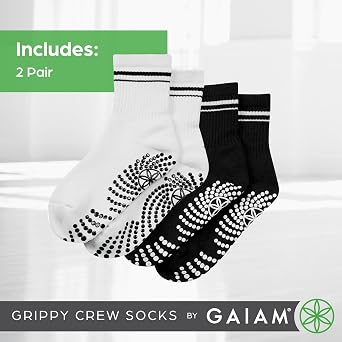 Gaiam Grippy Crew Socks with Silicone Grip Non-Slip Socks for Pilates, Yoga, Barre & Dance | Cotton Blend | 2-Pack or 3-Pack
