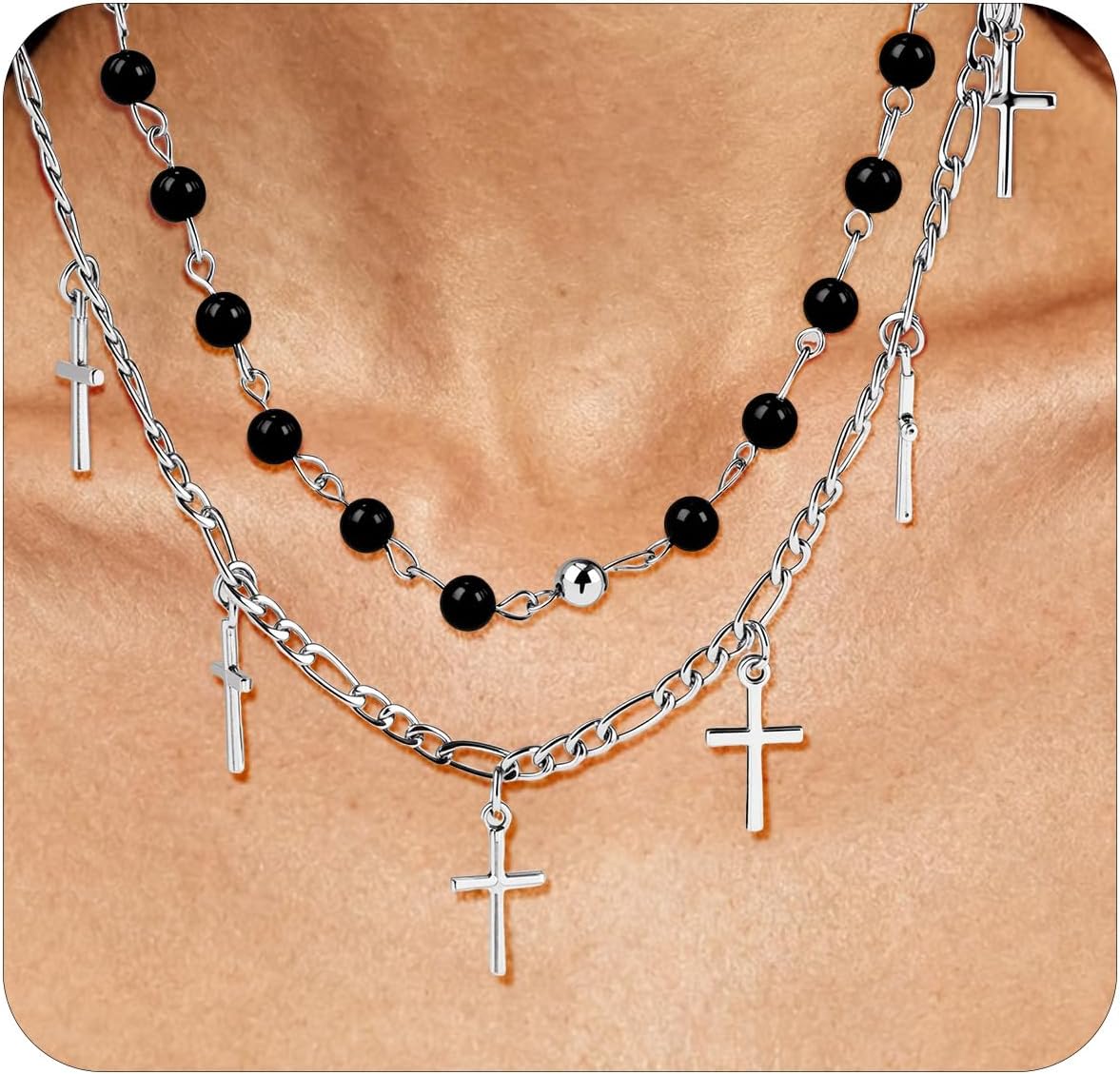 Punk Layered Cross Choker Necklace for Women Gothic Stackable Rosary Cross Necklace with Figaro Chain, Statement Bead Silver Jewelry