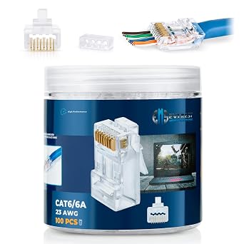 Everest Media Solutions RJ45 Cat6 / 6a تمر عبر موصلات لكابل شبكة UTP سميك 23 AWG كبير القطر ، 100 قطعة | إدراج الأدلة مضمنة