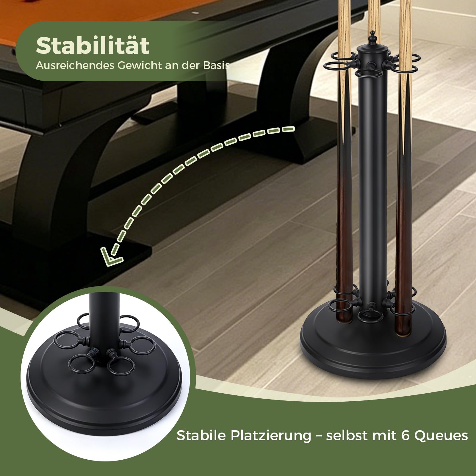 Billard Queue Halter, Billardqueue Halterung Pool Queueständer, 6-loch | Freistehender Metall Poolqueuehalter zur Aufbewahrung von Billardqueues, für Billardzimmer, Bars & Club