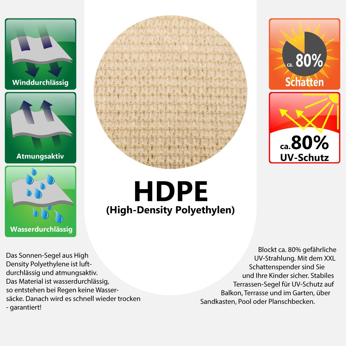 AMANKA Tenda da Sole UV - 6x4 m HDPE Rettangolare Telo di Protezione Solare Balcone Giardino Beige