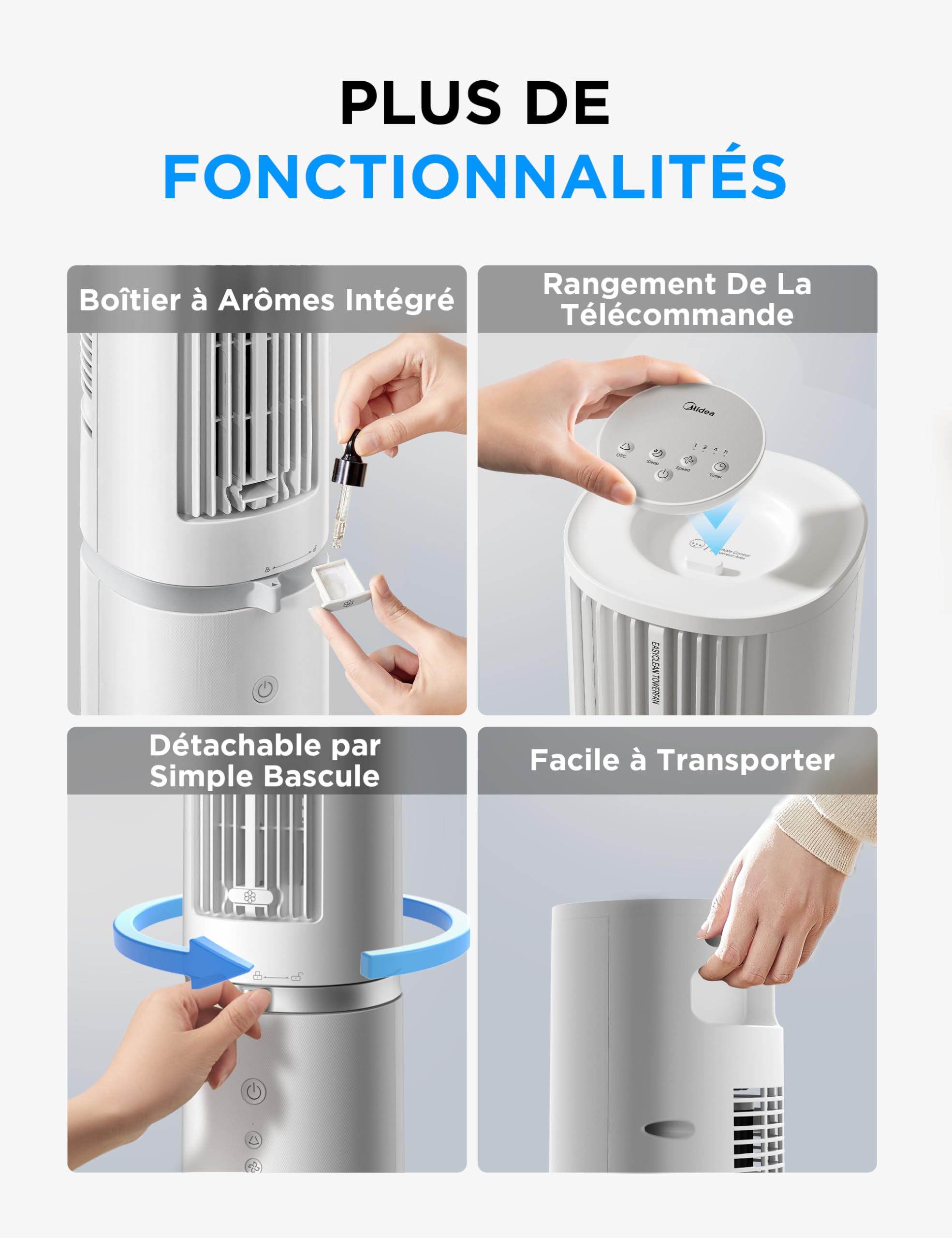 Midea Ventilateur Tour Blanc 103cm pour Chambre, Refroidissement Puissant 9m/s, Omni-Télécommande, Oscillation 90° avec Design Innovant Détachable et Lavable, 4 Vitesses, Minuterie 7H, 28 dB