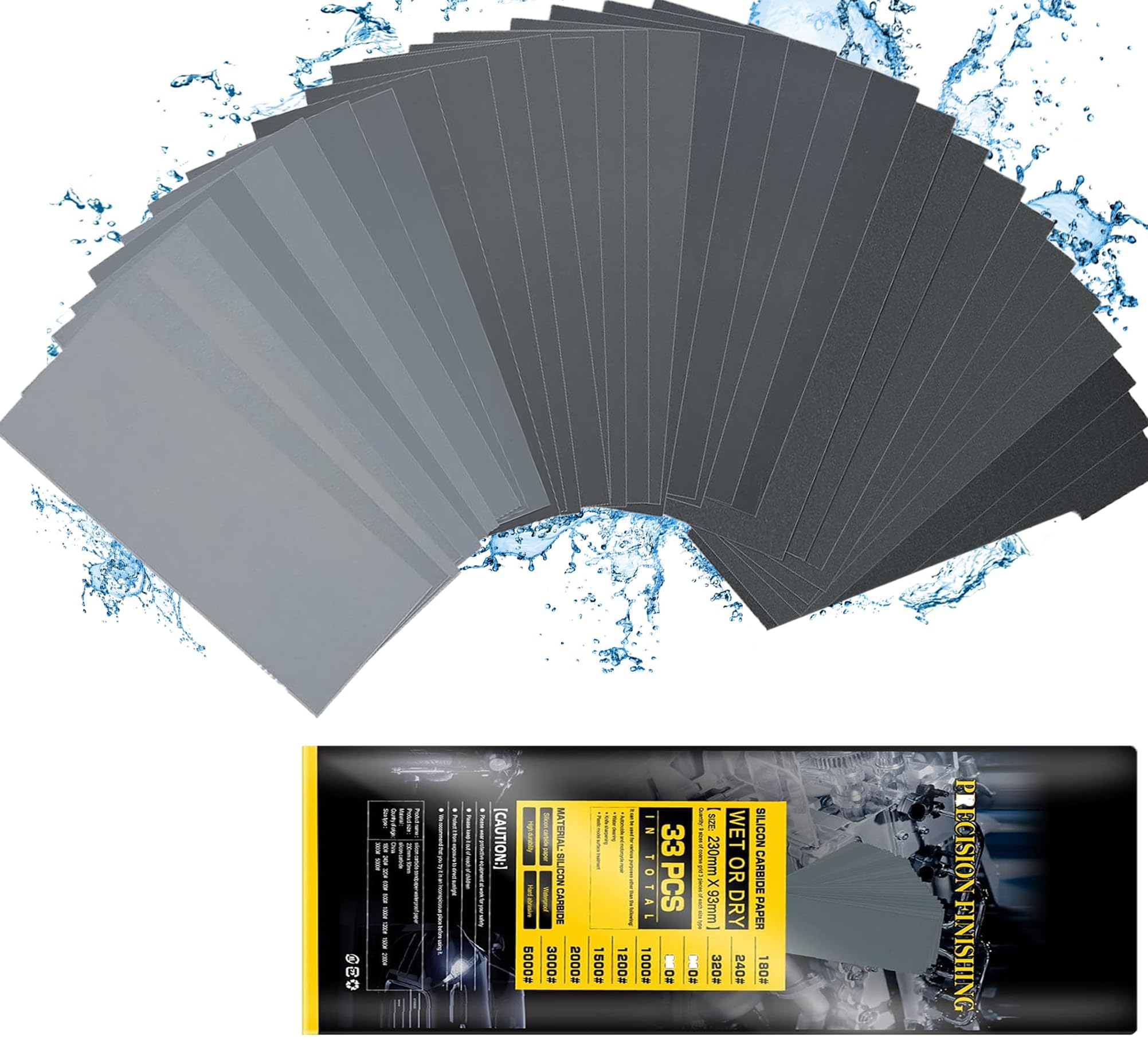 Carta abrasiva 5000/3000/2000/1500/1200/1000/800/600/320/240/180, set di carta abrasiva a grana fine, 33 pezzi, carta abrasiva per uso a secco e a umido, 23 x 9,5 cm