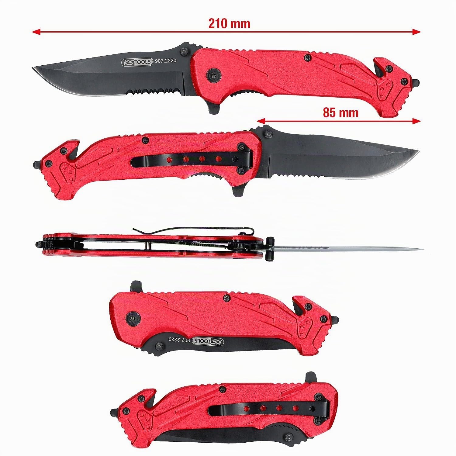 KS Tools 907.2220 Cuchilla plegable con seguro y cortador de cinturones