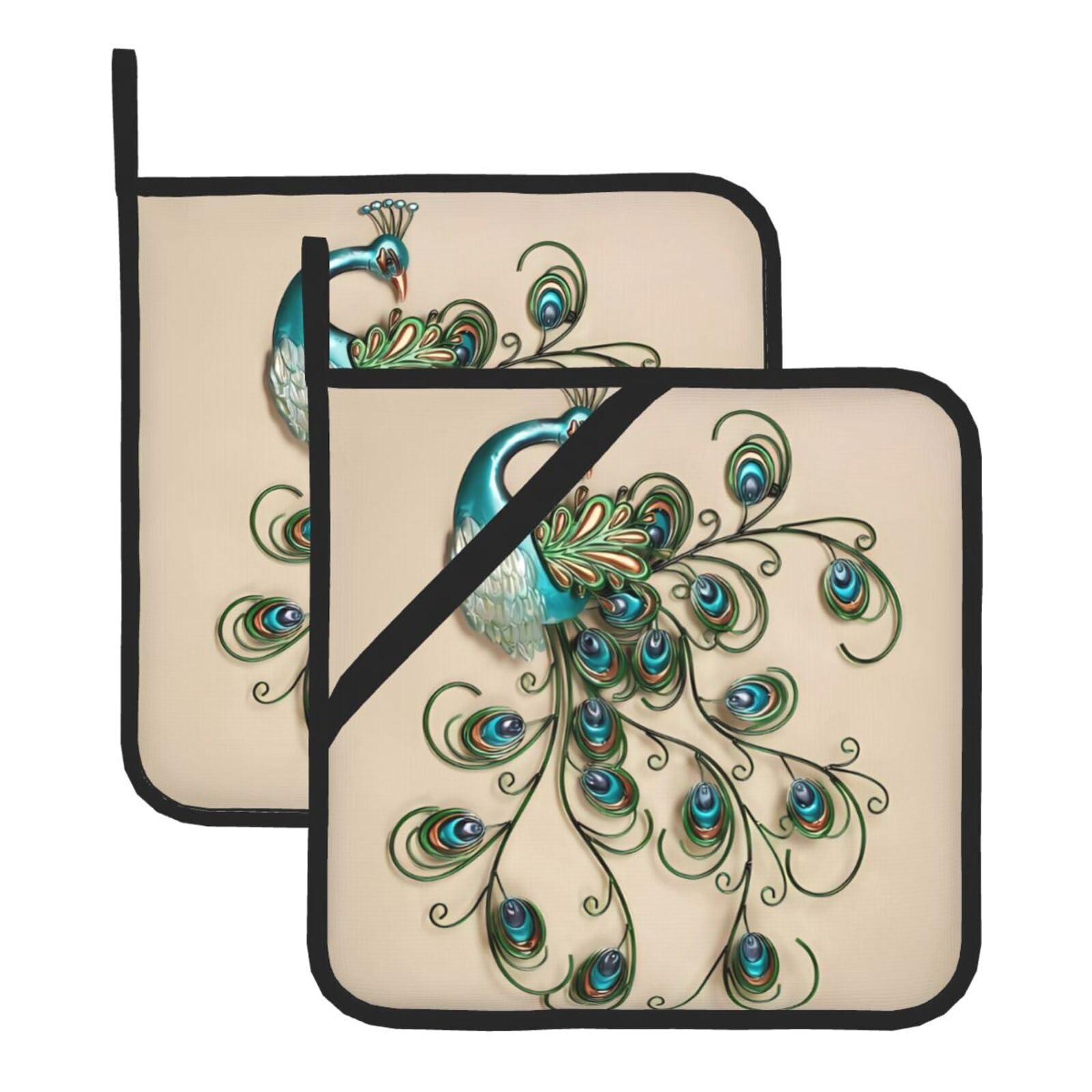 Whjssf Peacock Prints Square Hot Pads For Kitchen - Waterproof Trivets, Durable Pot Covers With Hanging Loops - Set Of 2 (One With Pocket)