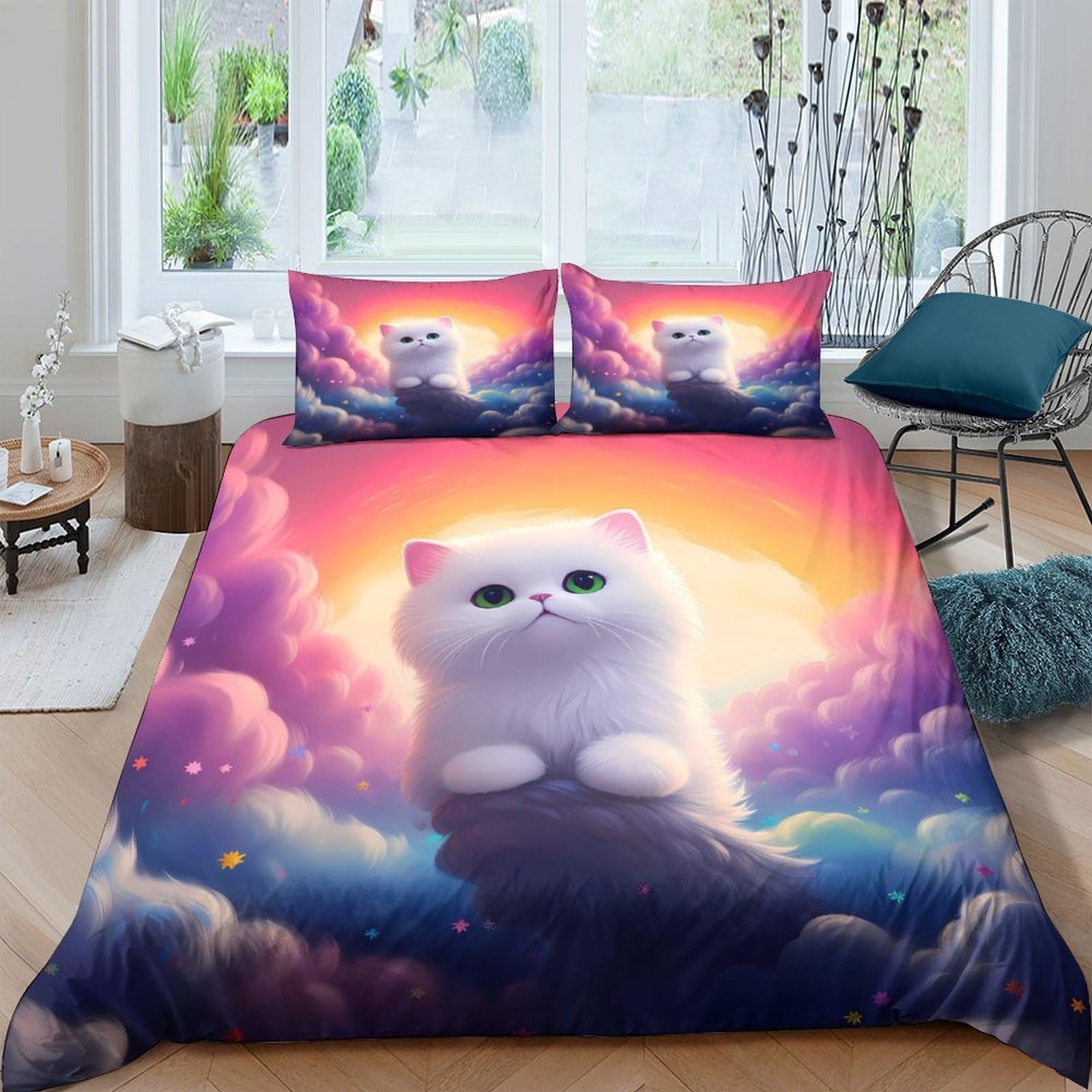 Ctjqhvkz Style-9 3D Printed White Cat Sunset Fitted Sheet Microfiber Soft Cartoon Cloud Bed Cover For Bedroom Guest Room Decor Single（135X200cm）