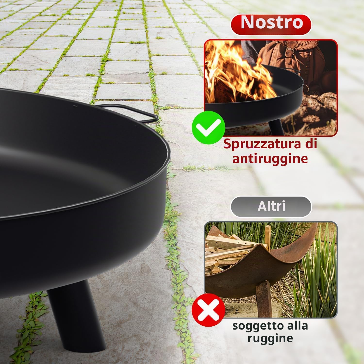 Braciere per esterni, diametro 82,5 cm, grande braciere in ferro con manici, braciere di alta qualità per balcone, cortile, foresta, camino, terrazza, campeggio