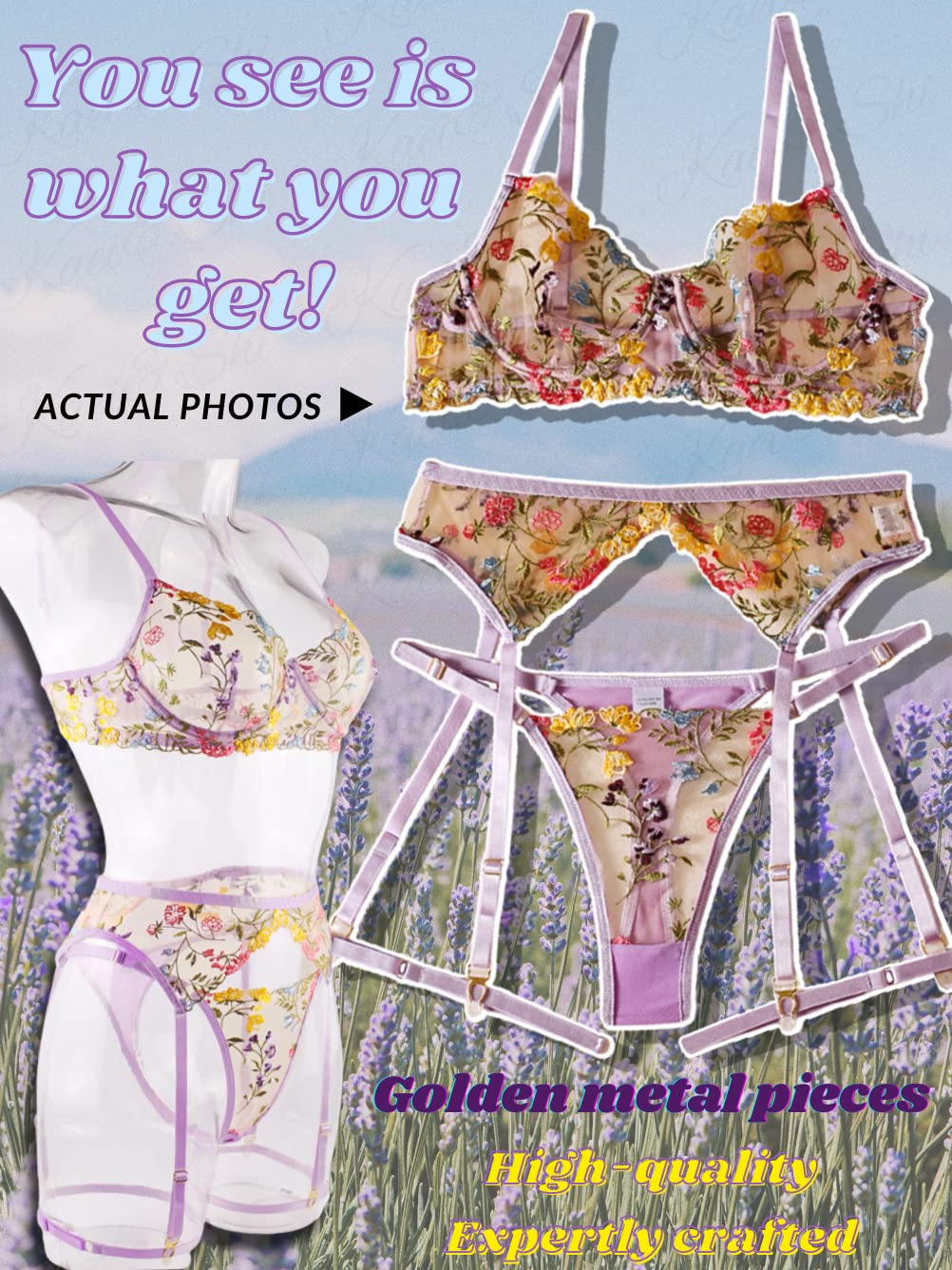 Kaei&Shi Vibrant Floral Embroidery, Underwire, Thong, Thigh Straps, Lingerie Set: 0-2 Light Purple