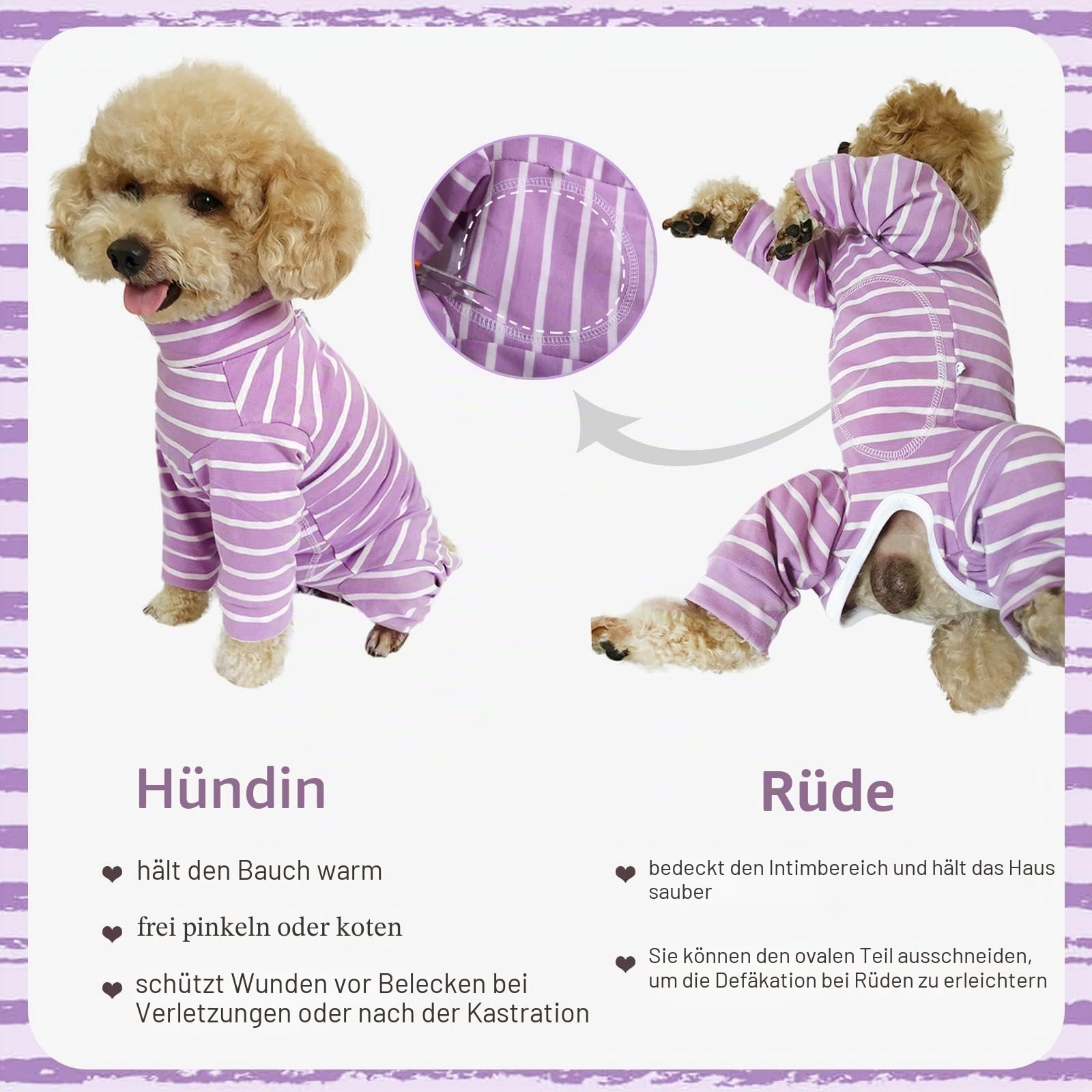 Kuoser Hundebody Nach Op, Hundebody Nach Kastration, Body Für Hunde Nach Op，Op Body Hund Mit Vierfüßler, Hundepyjama für Kleine Mittelgroße Katzen Hunde Lila M
