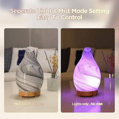 Miniatura 5 de Difusor de aceite esencial, difusor de aromaterapia ultrasónico de vidrio artístico para el hogar, 5.4 fl oz con niebla intermitente y LED, 7 luces