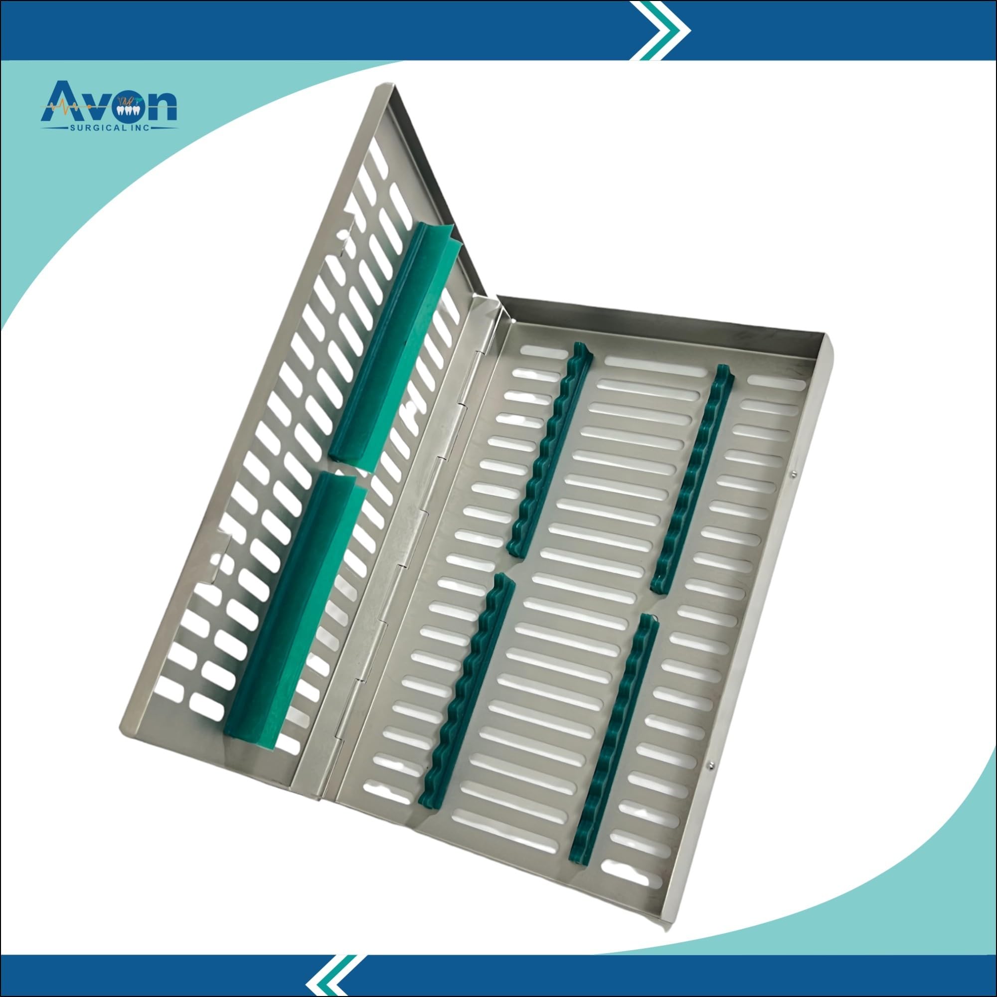 Veterinary Instruments Sterilization Tray with Silicone Inserts Removable (Green) - Fits 20 Instruments - Size 11in x 7in x 1.25in - German Steel CE