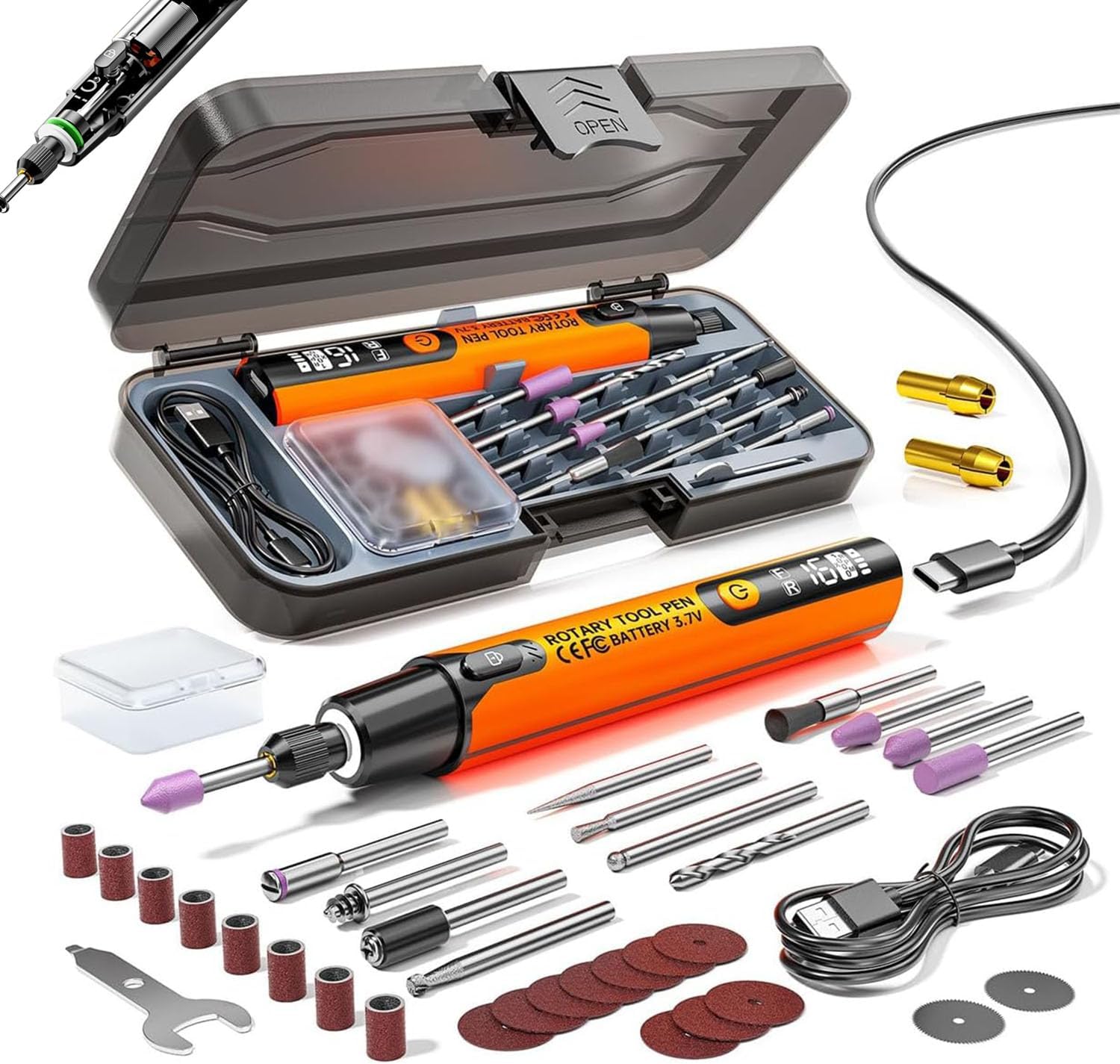 Mini Electric Rotary Tool Set with LED Light & Digital Display, Mini Electric Tool Kit, 6-Speed Engraving Pen, Engraving Pen for Metal,Wood,Glass and Plastic (Orange)