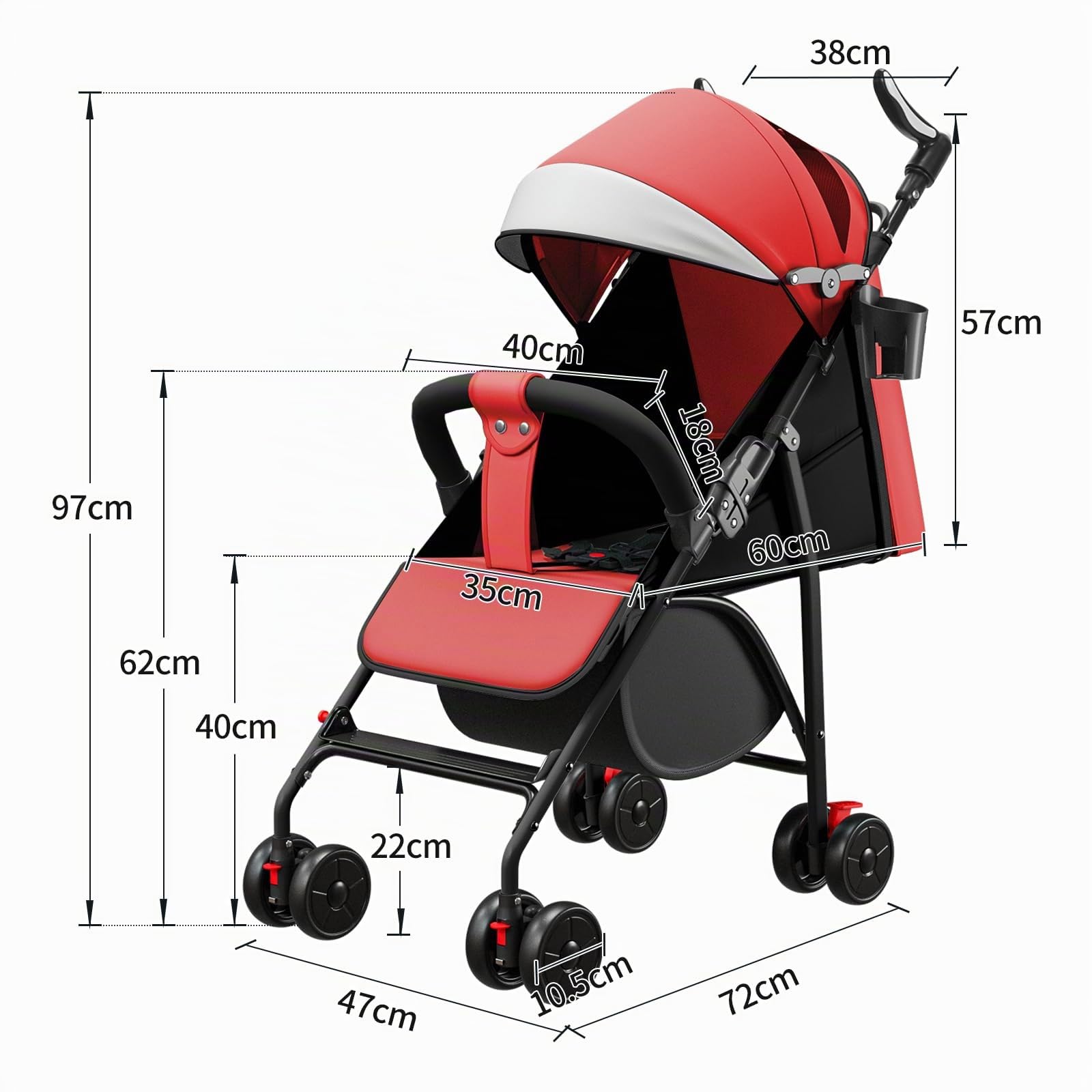 Cochecito de bebé ligero y compacto 0 meses a 4 años, 25 kg, plegable, respaldo reclinable, plegado automático en 1 paso, dosel - rojo