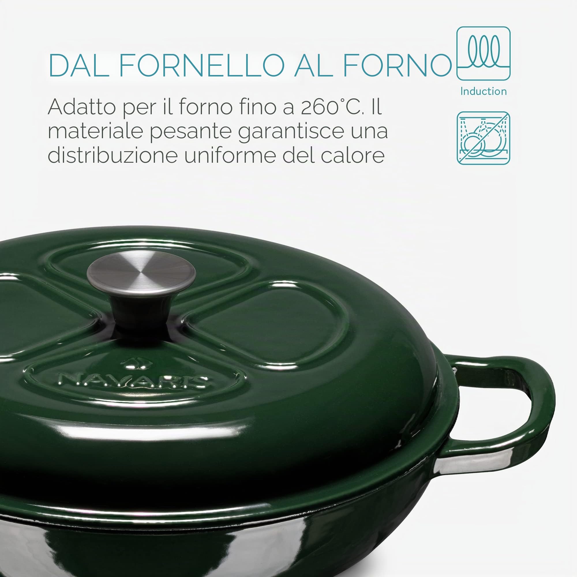 Navaris Pentola Ghisa Smaltata - Casseruola Forno Legna 3,5 L - Pirofila Coperchio - Cottura Fornelli Gas Induzione - Forma Tonda Bassa - Verde