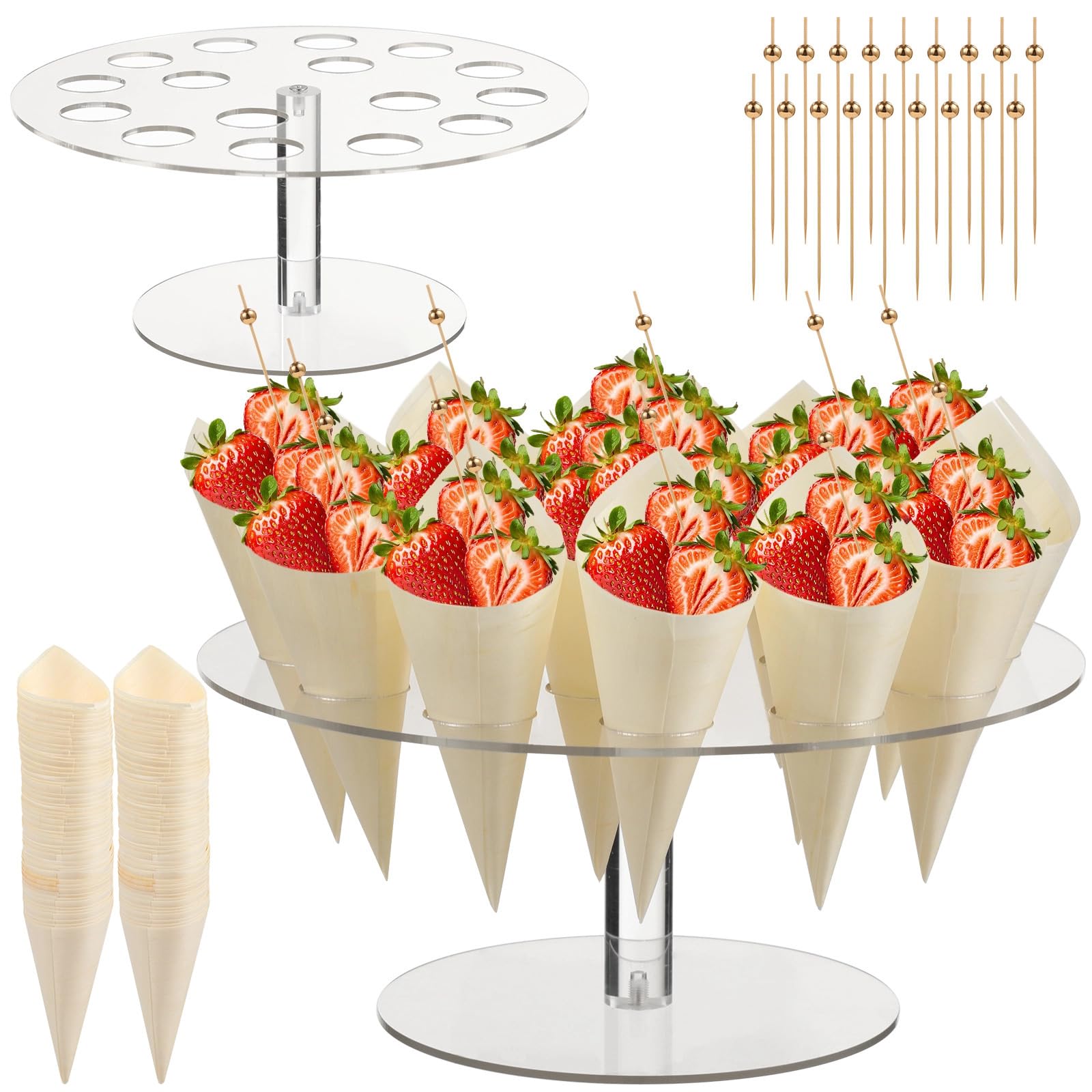 Bosreroy Transparent Acrylic Ice Cream Cone Stand, 16 Holes With 100 Cones And 100 Cocktail Picks, Elegant Display For Parties And Events