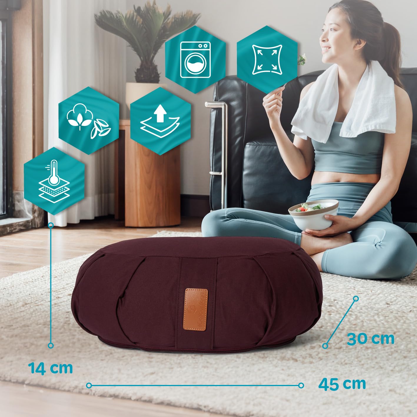 Cuscino da yoga tondo classico con cerniera / dimensioni: ca. 42 x 15 cm / cuscino da meditazione riempito con pula di farro di agricoltura biologica (kbA) – ideale come cuscino zafu / cuscino rondo / supporto per lo yoga e la meditazione / tessuto lavabi