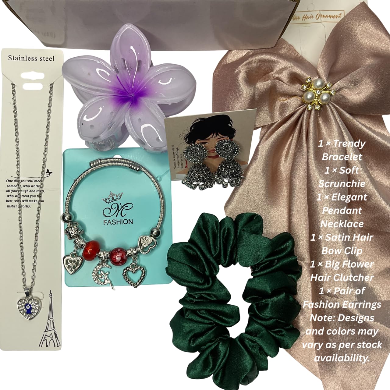 Mohmit Mart 6-Piece Fashion Accessories Gift set with Hair Bow, Pendant Chain, Bracelet, Earrings, Scrunchie, Flower Clip (Random color and design) 1