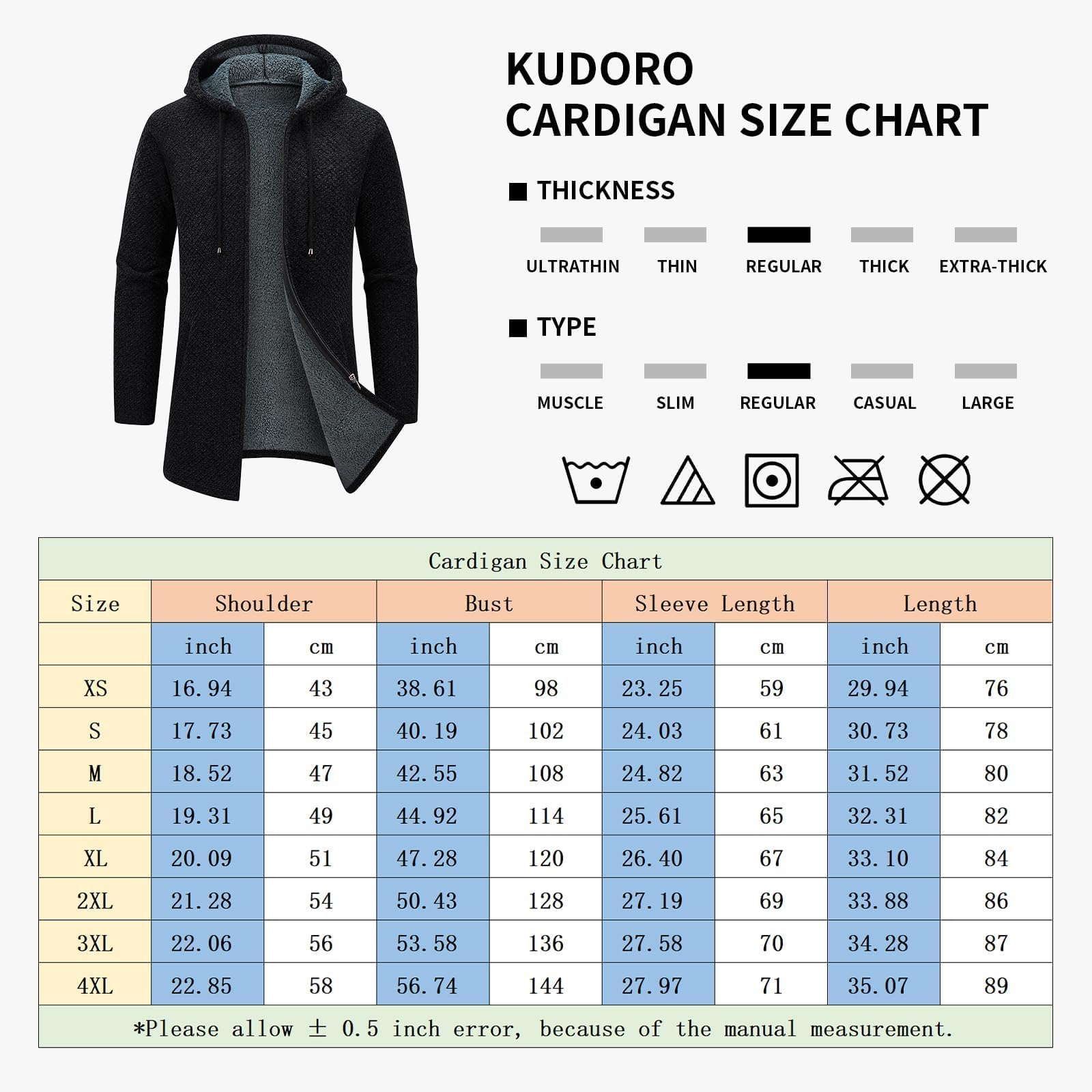 KUDORO Cardigan Gilet Homme Long à Capuche Zippé Cardigan en Tricot Hoodie Épais et Décontractée Polaire Chandail Sweats à Capuche