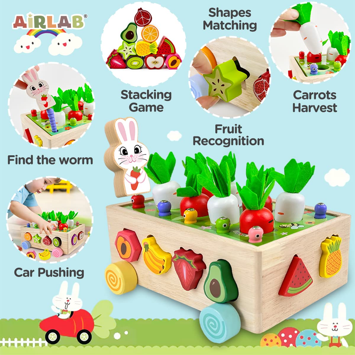 Airlab 7 w 1 zabawki edukacyjne Montessori dla dziewczynek chłopców w wieku 1 2 3 lat, drewniana gra w zbieranie marchewek, zabawki sensoryczne dla dzieci sortowanie owoców puzzle prezenty urodzinowe