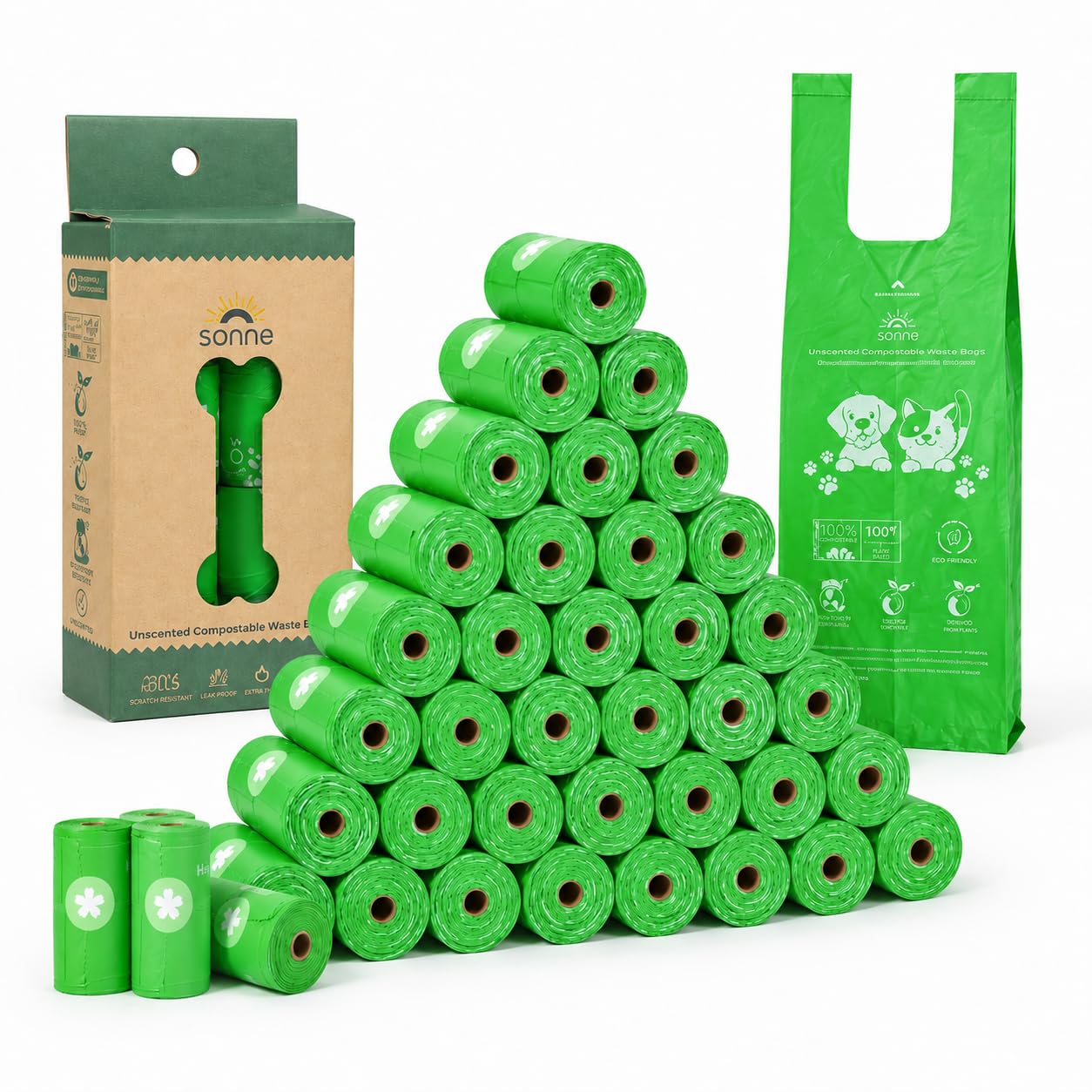 SONNE Hundekotbeutel mit Henkel 600er Pack, 100% biologisch abbaubare Kotbeutel für Hunde, extra dick & reißfest, auslaufsicher, kompostierbare grüne Hundebeutel für Gassi und hygienische Entsorgung