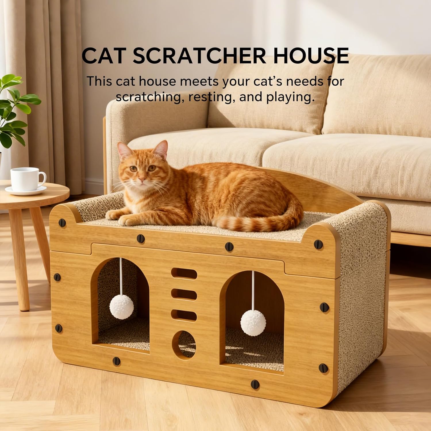 Cardboard Cat Scratcher House，Multifunctional Cat Condo with Grinding Claw Surface, Breathable Cat Nest for Small to Medium Cats