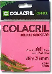 Colacril Bloco Adesivo Reposicionável, Rosa Neon, 76x76 mm com 100 fls