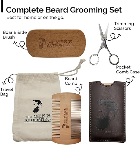 Miniatura 4 de MAC Kit de barba para hombres, kit de aseo de barba que incluye cepillo de cerdas de jabalí, tijeras de recorte, peine de barba, estuche - Regalos