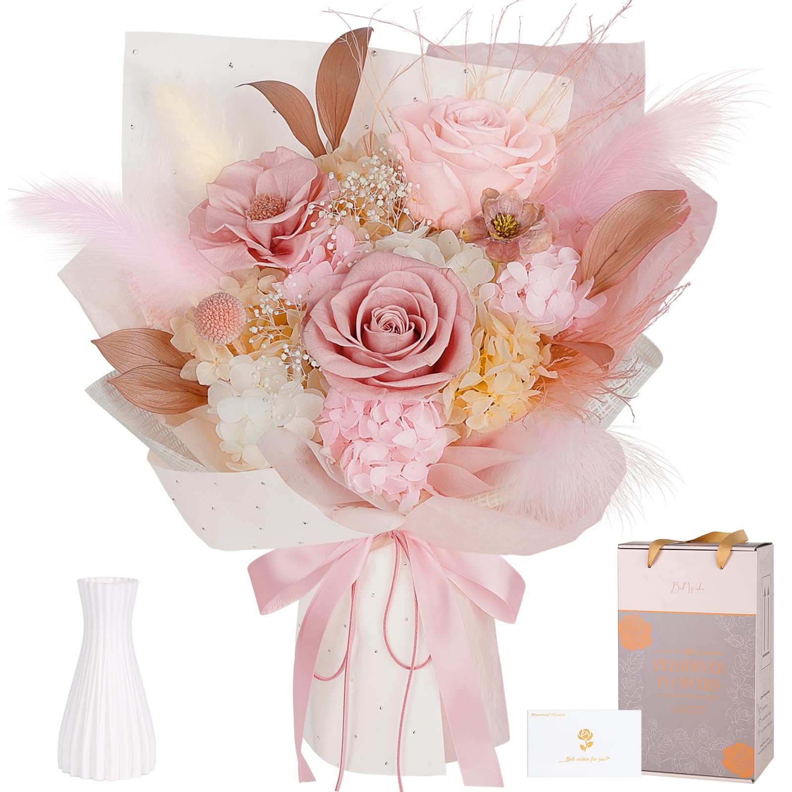 Konservierter Blumenstrauß, Echte Rosen & Blumen, Altrosa Kamelie, Geschenke für Frauen, Valentinstag, Muttertag, Jahrestag & Geburtstagsgeschenk für Freundin, Mama oder Oma