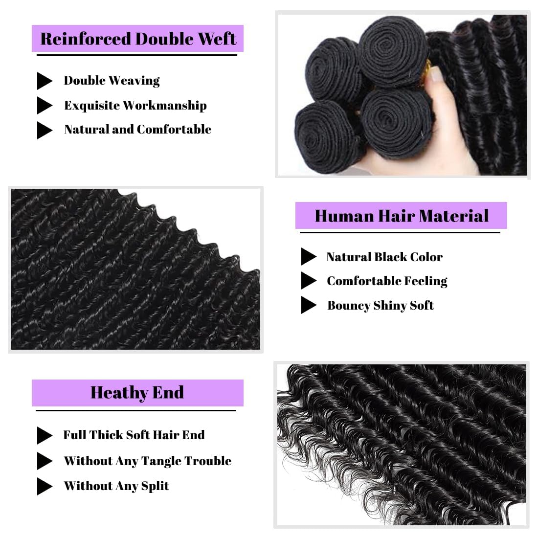 20 22 24 Inch Deep Wave Human Hair Bundles 100% Unprocessed Brazilian Virgin Hair, 3 Bundles, Deep Curly, Black,Sew-In Installation, Wavy Style Keep Texture Silky Soft