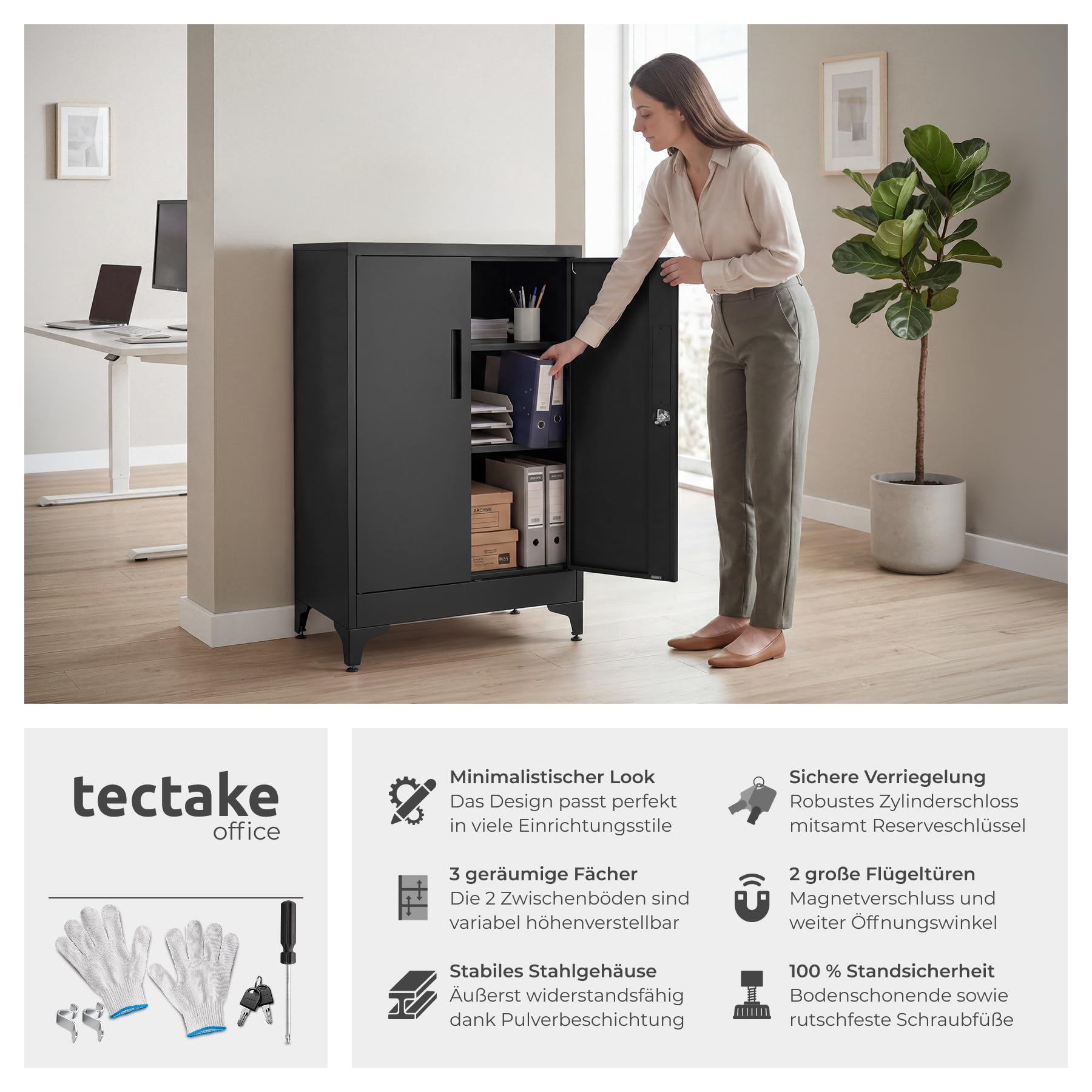 TecTake® Aktenschrank, 60 x 40 x 100 cm, 2 verstellbare Böden, abschließbar, Magnetverschluss, Kippschutz, Büroschrank, Aktenmöbel, Ordnerschrank, Büroorganisation, Arbeitsmobiliar - schwarz