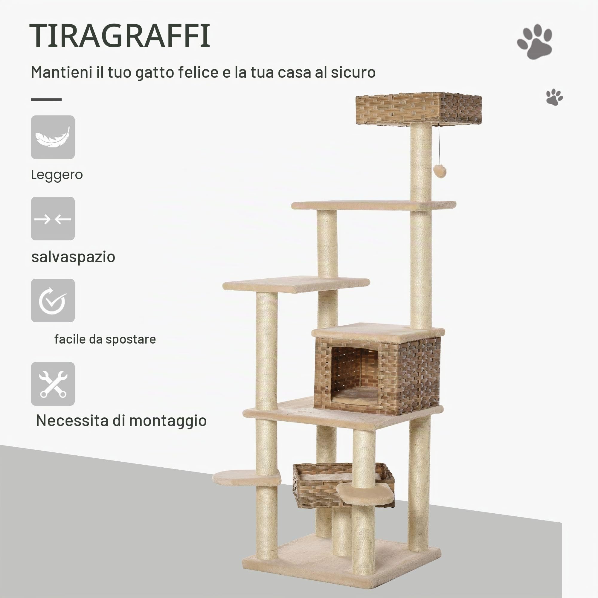 PawHut Tiragraffi in rattan con grotta sisal 55x55x174cm beige+marron