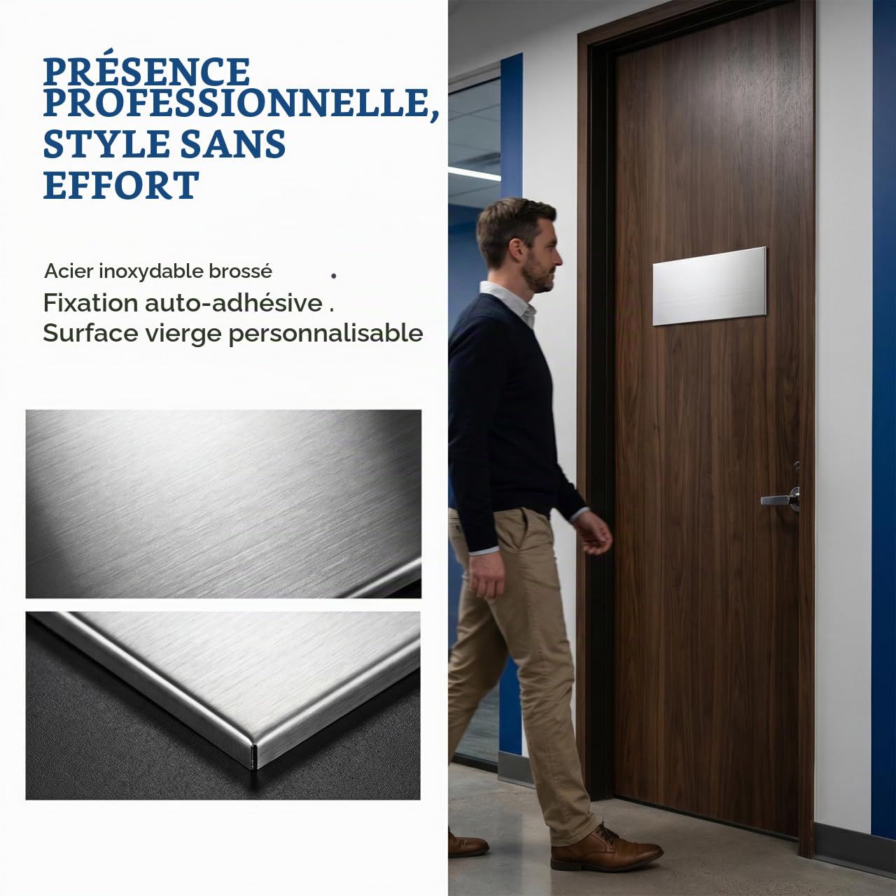 KALLORY Plaque de Propreté Porte Adhesive en Acier Inoxydable Argenté 25x11cm, Lot de 2 Plaques Métalliques Adhésives Gravables pour Hôtels, Bureaux et Salles