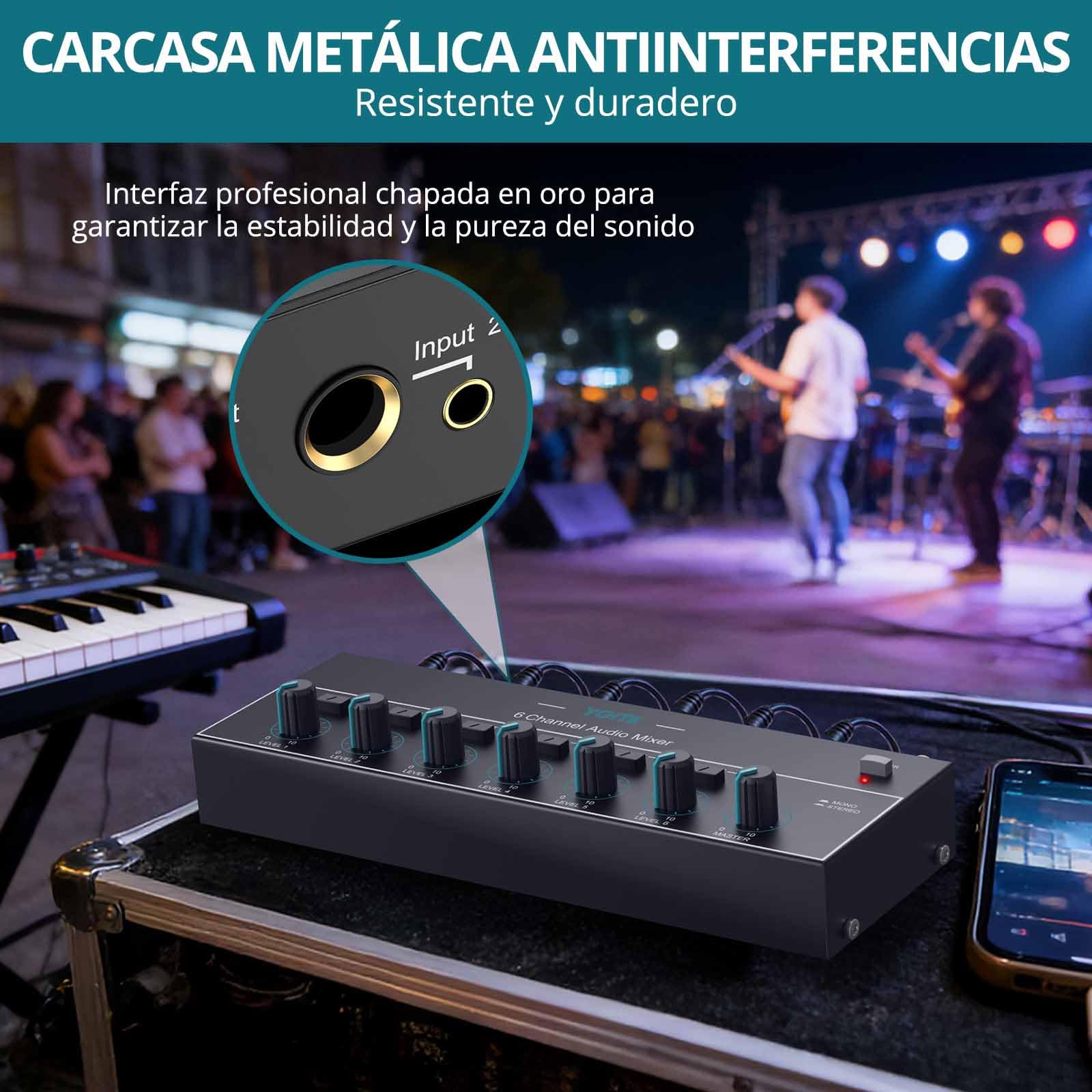 Mini Mezclador de Audio, Mezclador de Línea Estéreo de 6 Canales | 6.35mm+3.5mm TSR Salida de Audio Jack de Entrada para Guitarras, Bajo, Teclados, Micrófono Dinámico