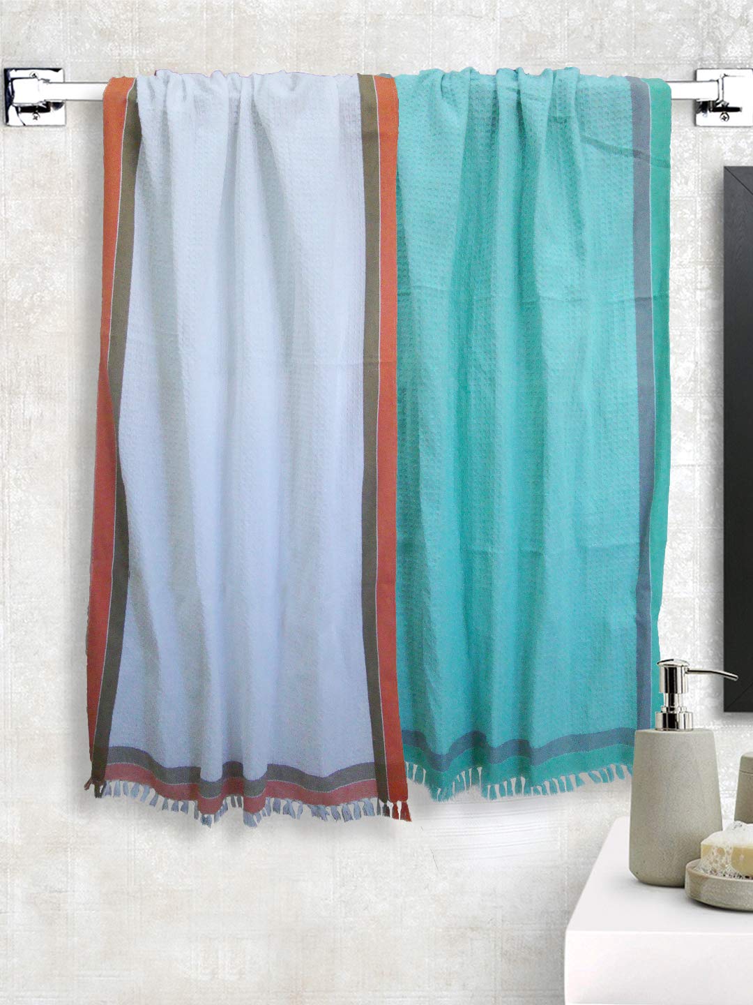 Athom Living Light Weight Cotton Premium Waffle Border Bath Towel 75x150 cm Pack of 2