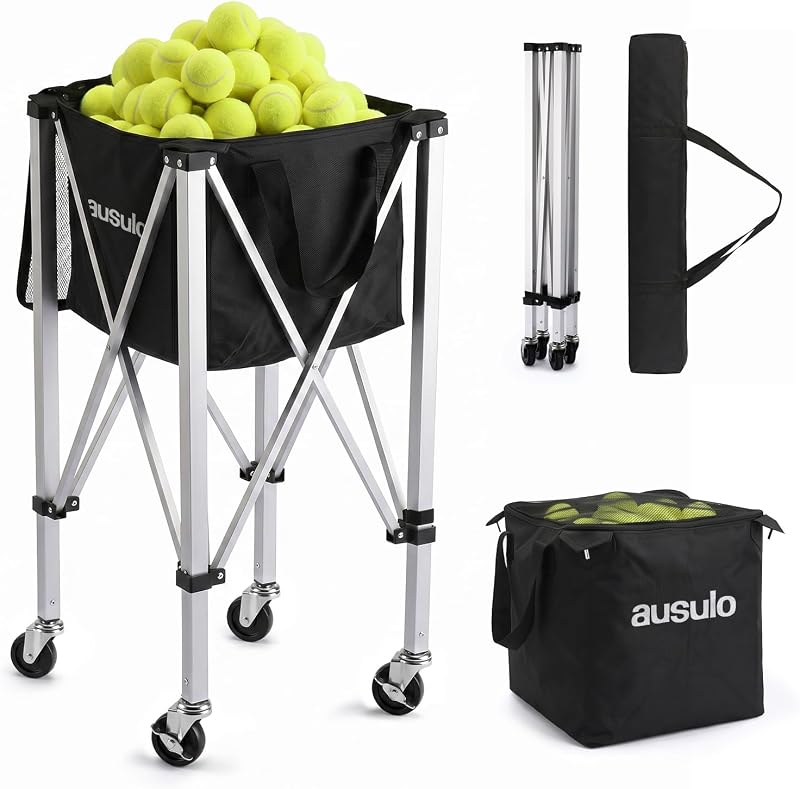 Tennis Ball Hopper for 150 Balls, Aluminum Ball Cart | Foldable and Portable; Removable Ball Bag; Weighs 8 lbs; For Tennis Training, Feeding Drills, Pickleball, Baseball, Softball