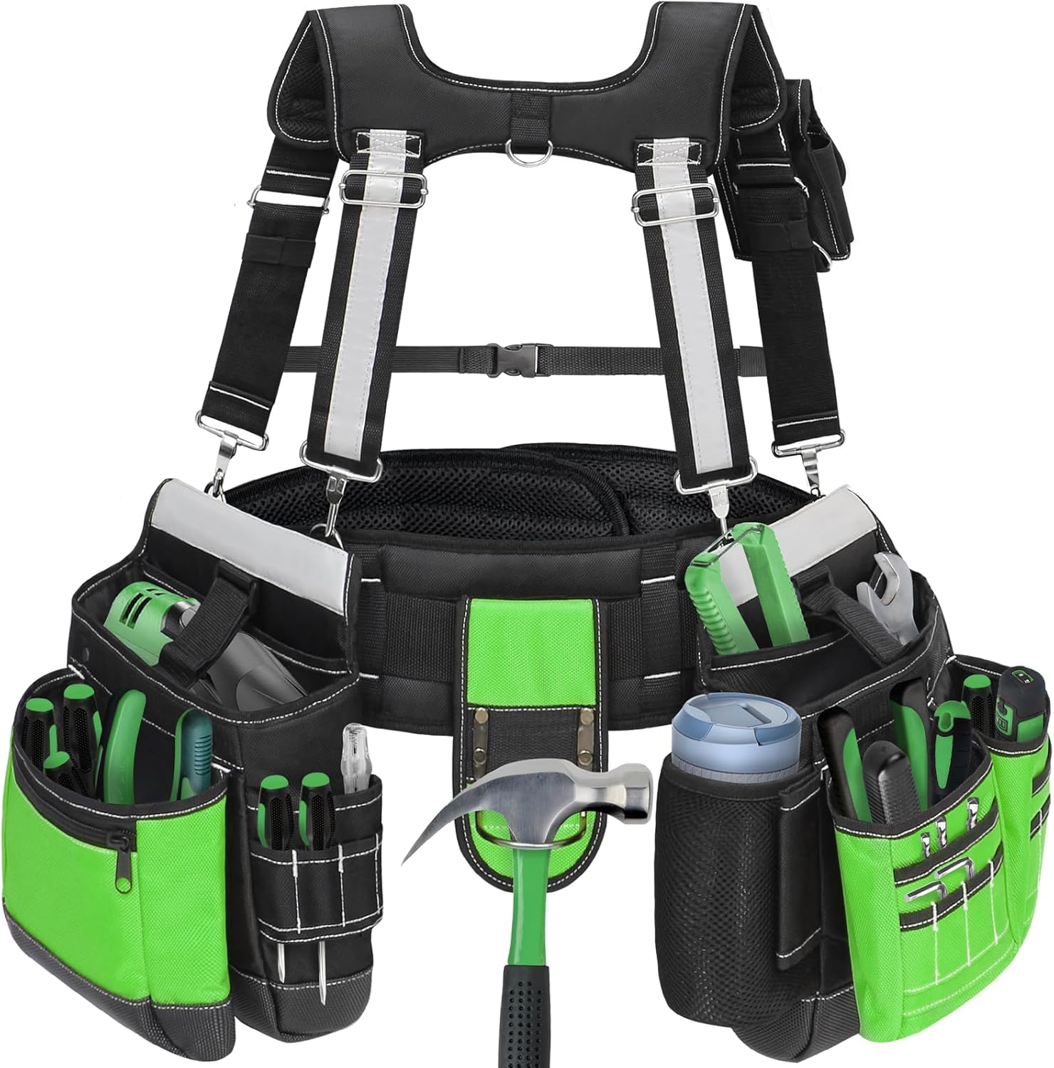Tool Belt with Suspenders for Men, Heavy Duty Construction Tool Belt with 32 Pockets, 1680D Material, Reflective Strips for Safety, HVAC Toolbelt for Men