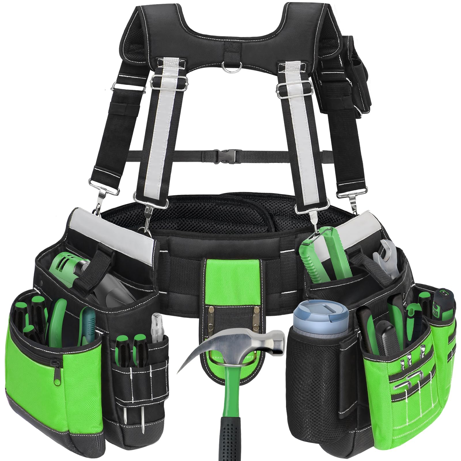 Tool Belt with Suspenders for Men, Heavy Duty Construction Tool Belt with 32 Pockets, 1680D Material, Reflective Strips for Safety, HVAC Toolbelt for