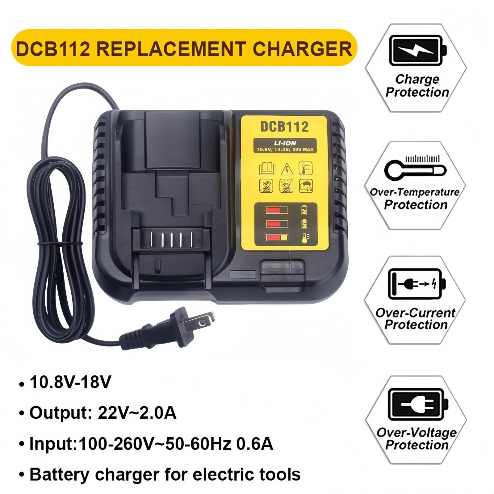 Caricabatterie Rapido DCB112 12V-20V Compatibile con - Dewalt Max Batterie agli Ioni di Litio DCB184 DCB200 DCB182 DCB180 DCB181 DCB112 DCB201(EU Plug)