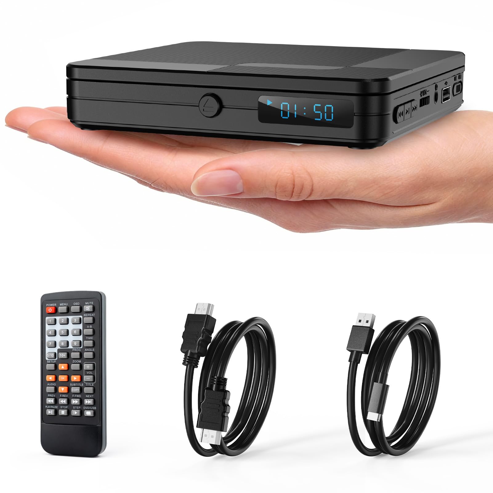 Mini Reproductor de DVD con Control Remoto, Reproductor de CD y DVD Compacto 1080P HD para Smart TV y proyector, Cuenta con Salida HDMI, Conector para Auriculares, Entrada USB 2.0, Soporte PAL