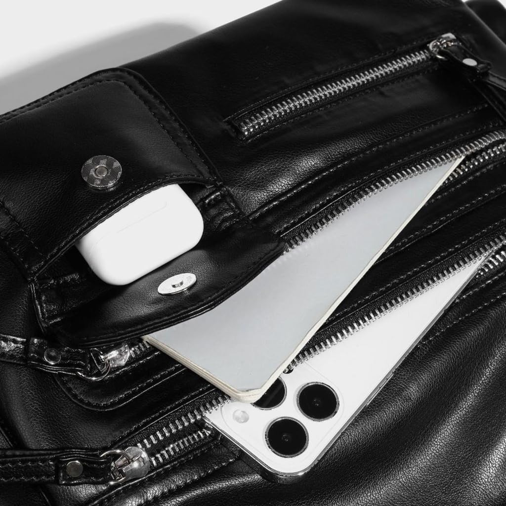 Fashionable Vintage Motorcycle Satchel Large Capacity PU Shoulder Bag Punk Zippered Crossbody Handbag Purse