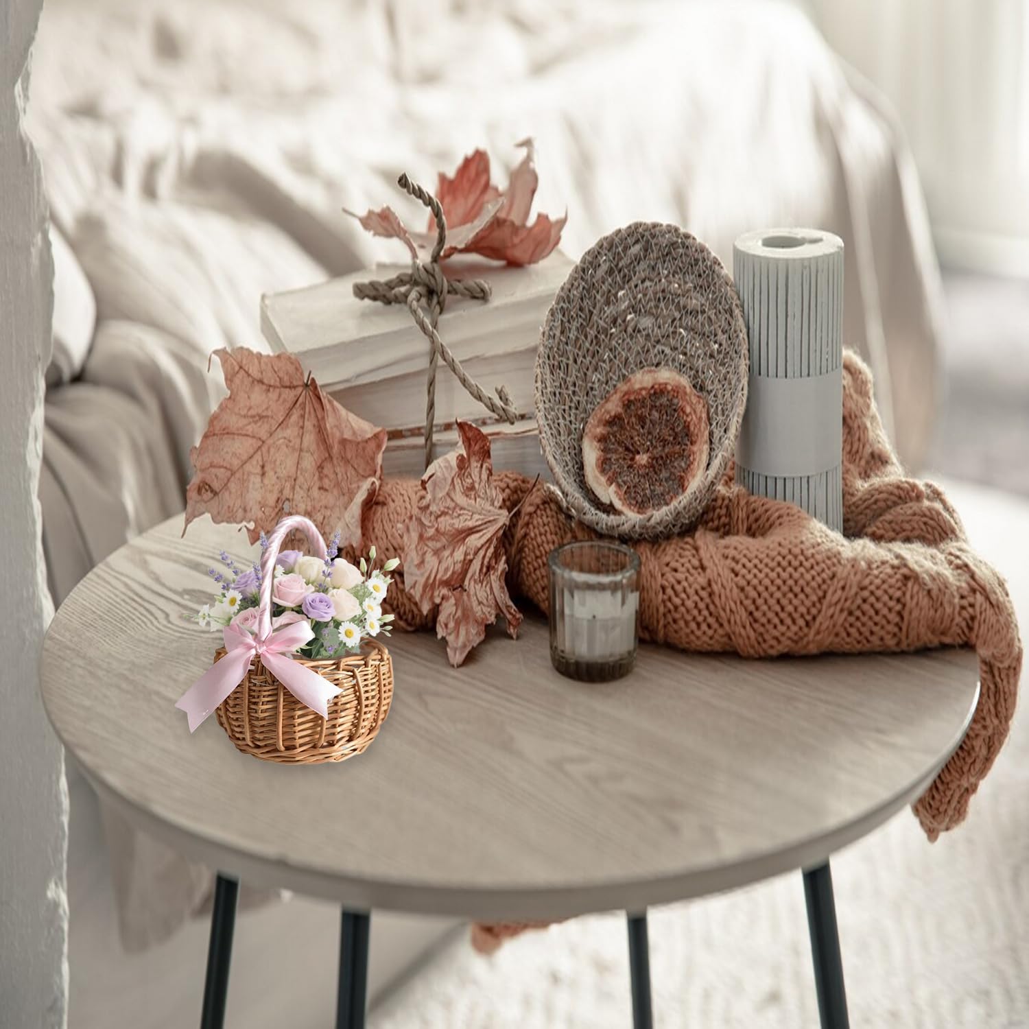Geflochtener Korb Für Die Hochzeit Blumen, Blumenkorb Mit Henkel Und Schleife, Körbchen Blumenkinder Zum Blumenstreuen, Streukorb Rattankorb, Für Party Festival Hochzeit Fotografie Requisiten (Rosa)