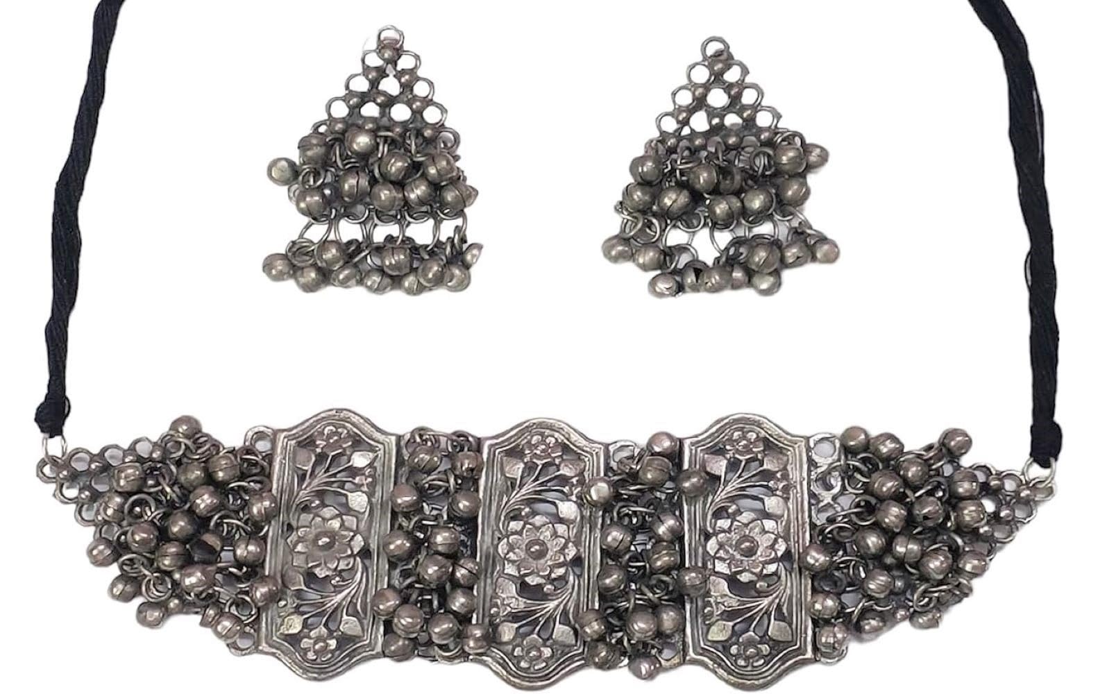 Ghungroo Ethnic Traditonal Fashion Afghani Traditional Oxidised Silver Handmade Tribal Choker Necklace Earrings Jewellery Women (B0CQLH5CMJ) Amazon Price History, Amazon Price Tracker