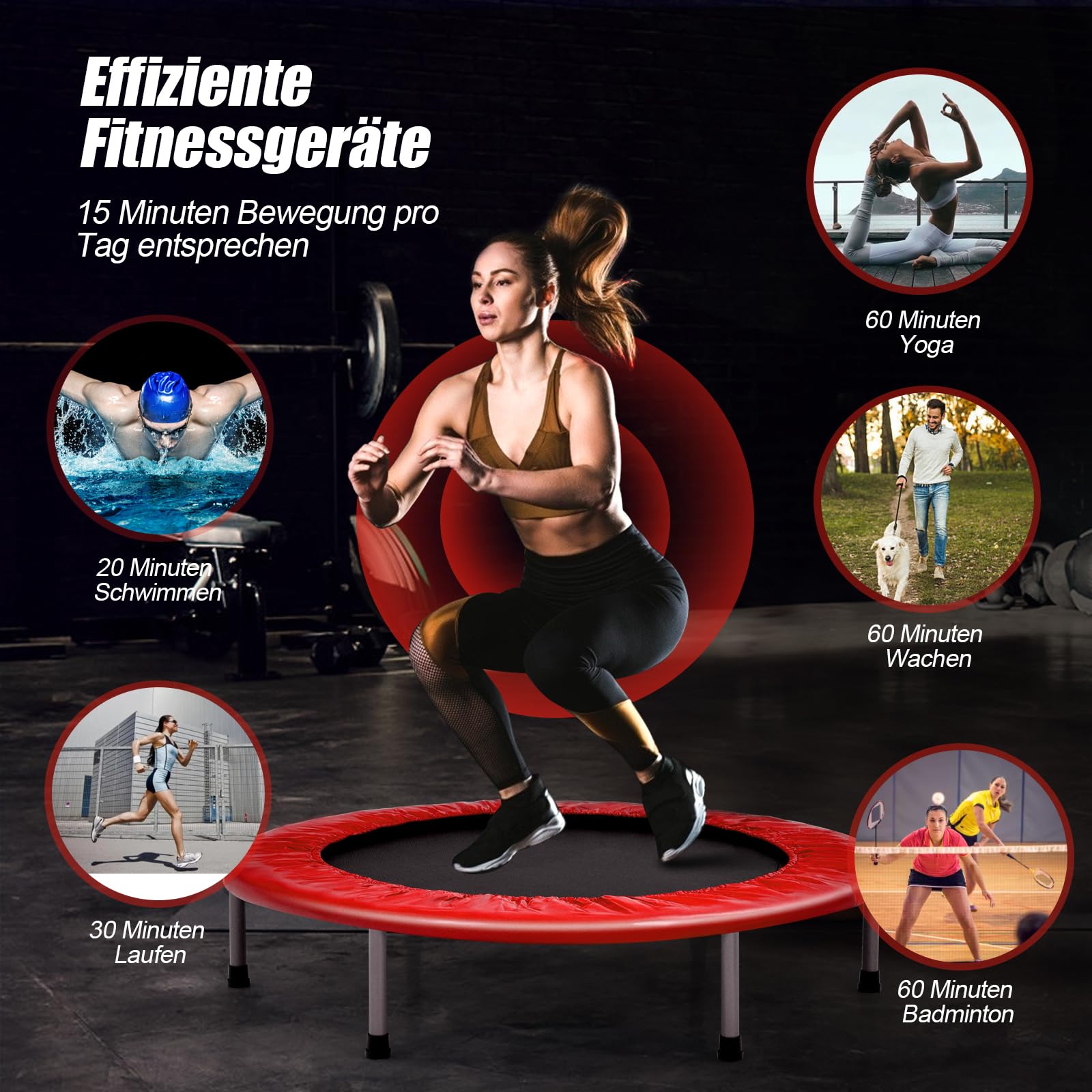 GYMAX Trampolin Fitness Adultos de 101 cm, Cama Elastica Fitness con Asa Ajustable de 4 Niveles, Carga máxima de 150 kg, Mini Trampolín Plegable para Interiores