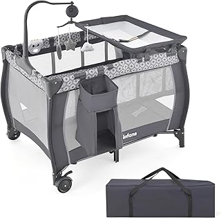 INFANS 3 in 1 Pack and Play, Portable Travel Baby Crib Bassinet with Detachable Mattress, Newborn Changing Table, Foldable Playpen with Carry Bag and 2 Wheels (Classic)