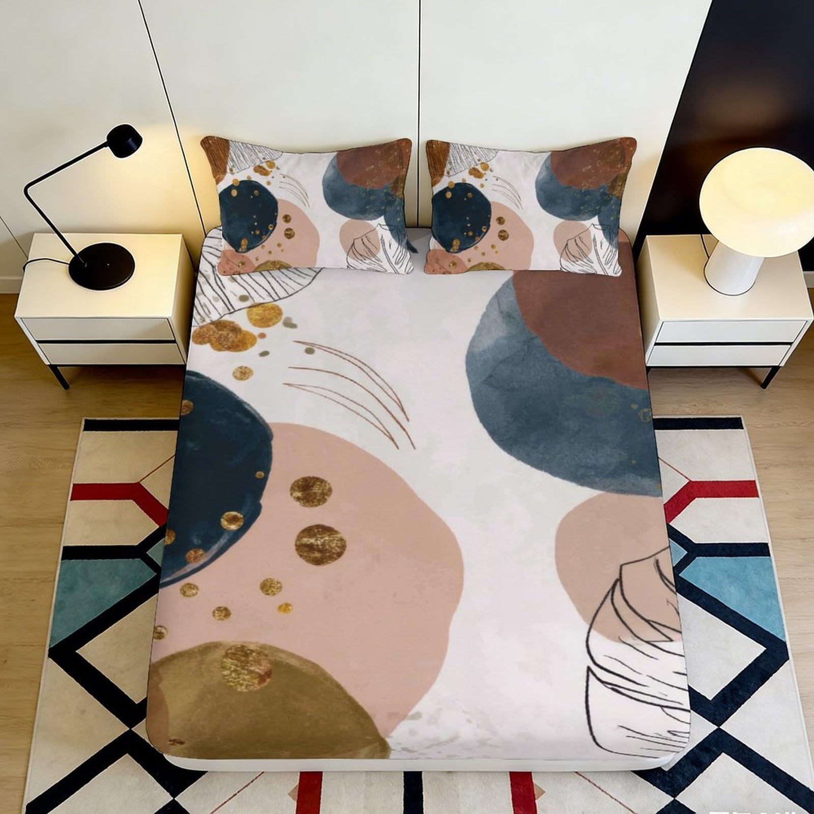 3D Printed Abstract Circles Fitted Sheet Microfiber Soft Breathable Artistic Pattern Bed Cover for Bedroom Dormitory Guest Room Mattress Protection 160x200x25cm